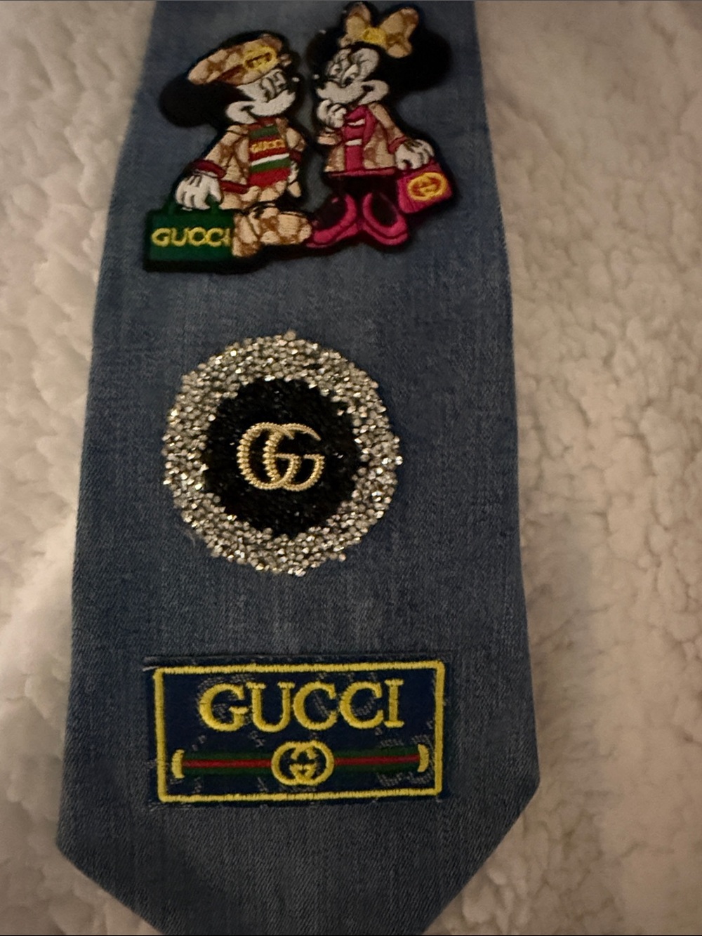 Gucci Blue Denim Tie with Crystal GG and Embroidered Patches - Picture 4 of 5